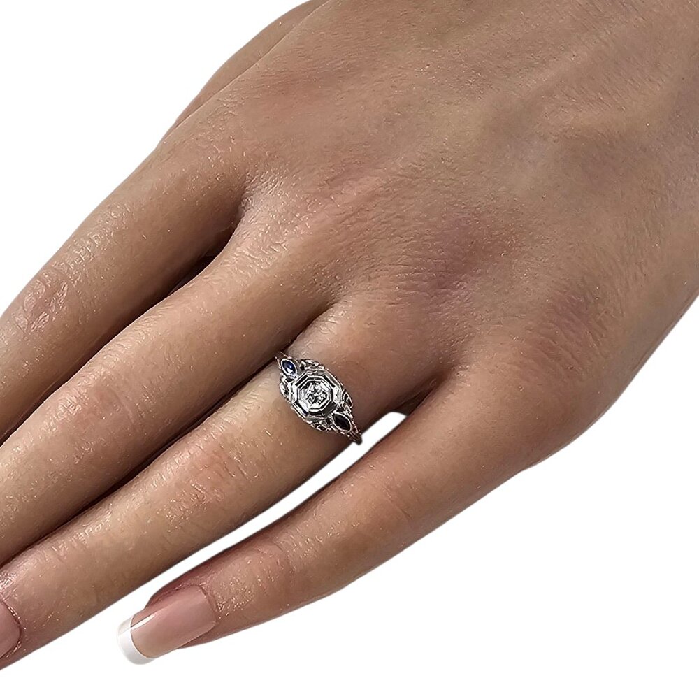 18K White Gold Diamond Art Deco Ring Size 6.5 #23776 - Picture 7 of 8